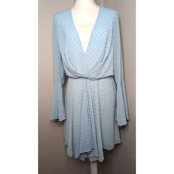 Jay Godfrey Swiss Dot Bell Sleeve Wrap Dress Blue Romantic Designer - Picture 1 of 5